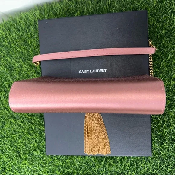 SAINT LAURENT KATE TASSEL CLUTCH ON CHAIN ROSE PINK SATIN GOLD HARDWARE NEW!